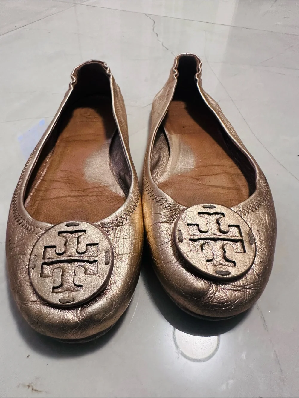 Tory Burch Rose Gold Logo Leather Ballet Flats